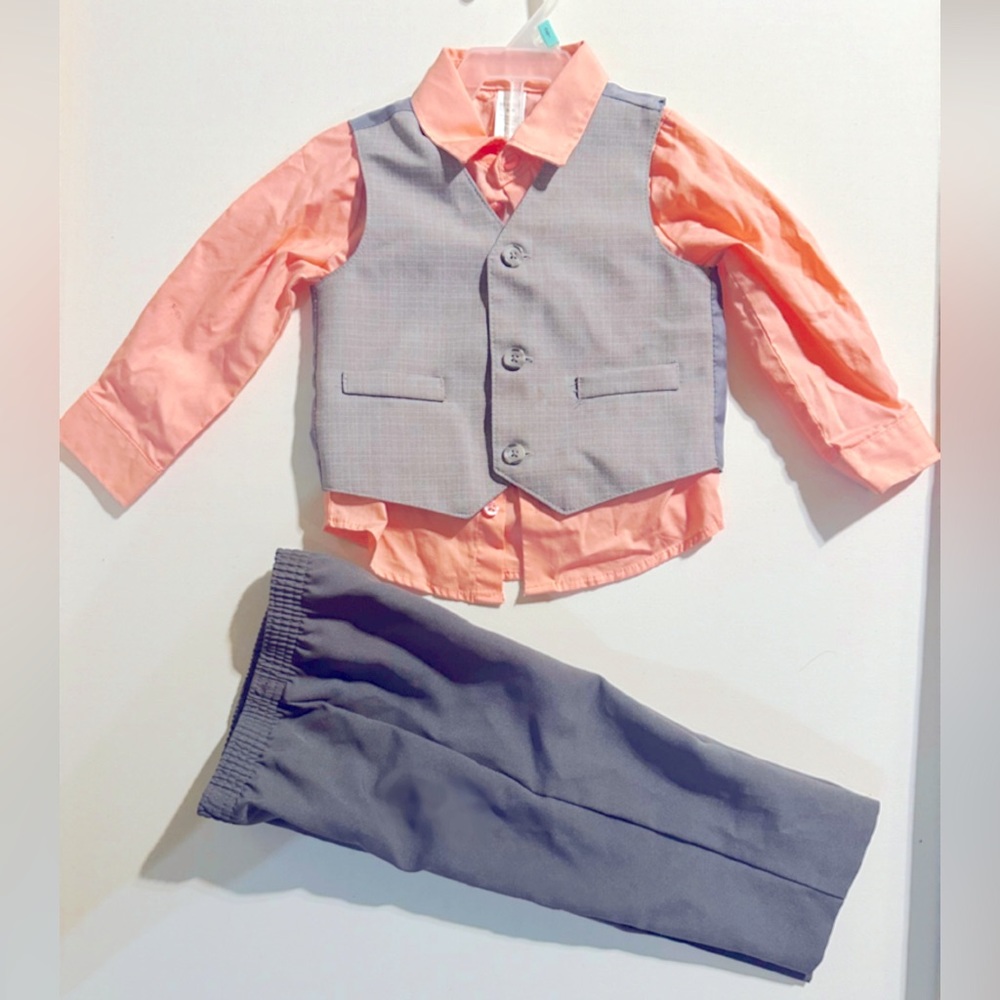 24m vest suit Salmon Pink button up dark gray set.